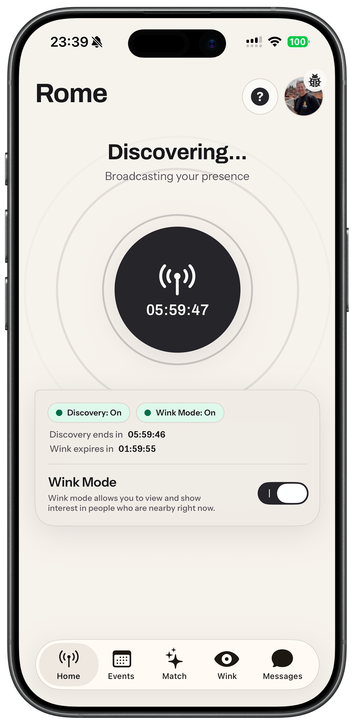 Rome home screen with Bluetooth discovery controls.