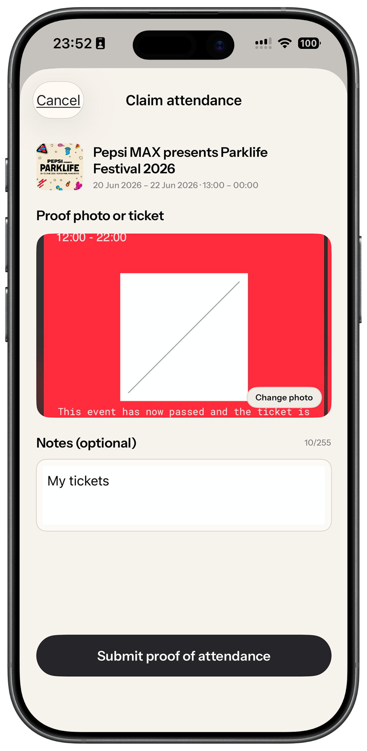 Rome claim-attendance form showing a ticket upload for event verification.