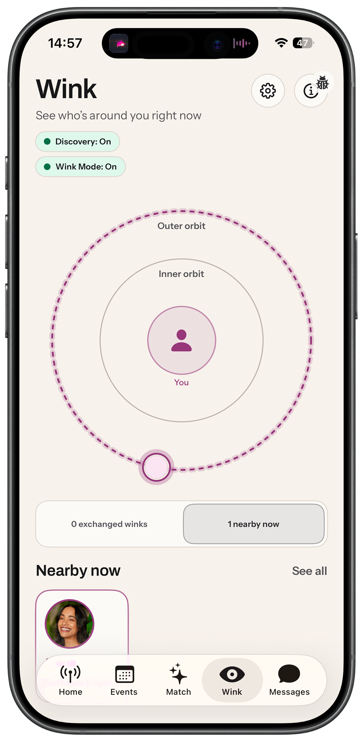 Rome Wink Mode screen for sending a real-time signal to someone nearby.